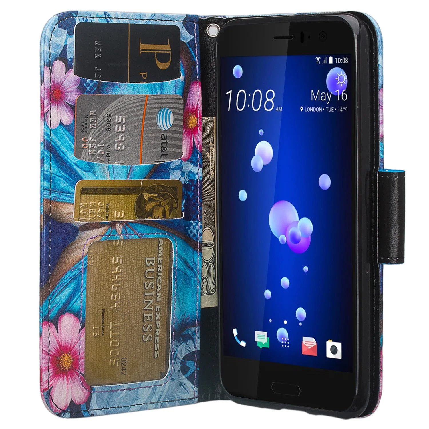 HTC U11 Case, U11 Wallet Case, Wrist Strap Pu Leather Wallet Case [Kickstand] with ID & Credit Card Slots - Blue Butterfly