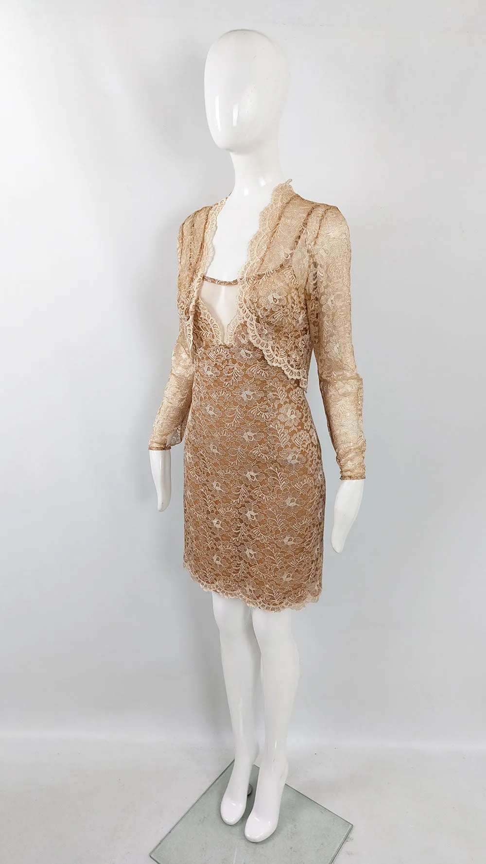 Jiki of Monte Carlo Vintage Sexy Tan Lace Dress & Shrug Ensemble