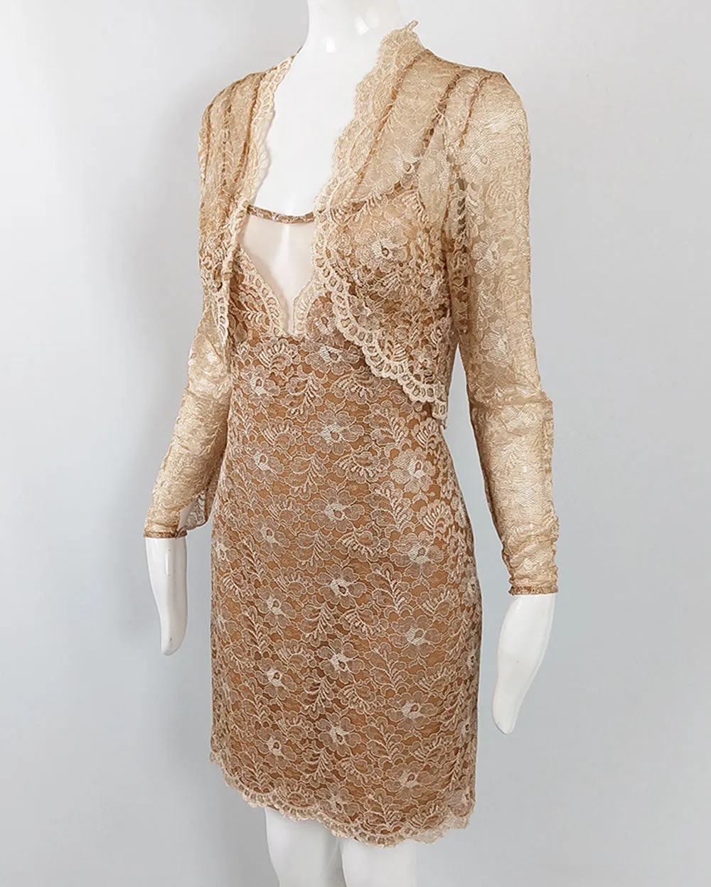 Jiki of Monte Carlo Vintage Sexy Tan Lace Dress & Shrug Ensemble