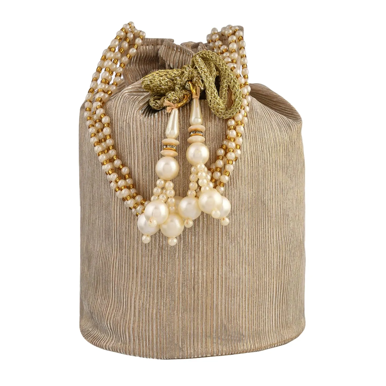 Kuber Industries Potli | Polyester Wedding Potli | Beads Handle Potli | Wallet Potli for Woman | Christmas Gift Potli | Baby Shower Potli | Metallic Shining Potli | Golden