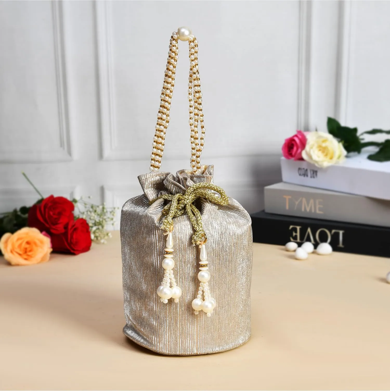 Kuber Industries Potli | Polyester Wedding Potli | Beads Handle Potli | Wallet Potli for Woman | Christmas Gift Potli | Baby Shower Potli | Metallic Shining Potli | Golden