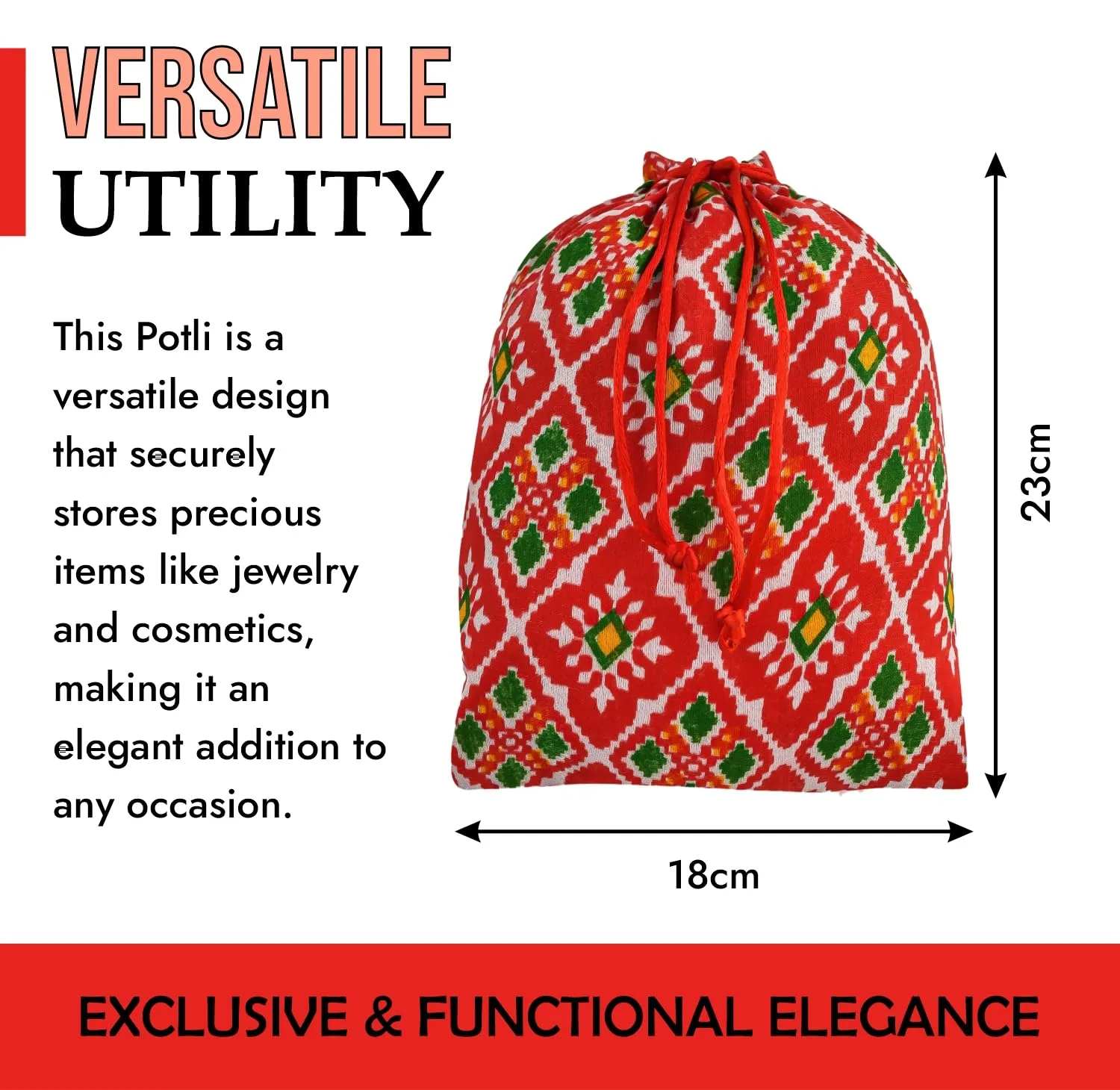 Kuber Industries Potli | Silk Wedding Potli | Drawstring Closure Potli | Wallet Potli | Christmas Gift Potli | Baby Shower Potli | Medium-Patola-Print Potli | 7x9 Inch | Pack of 4 | Red