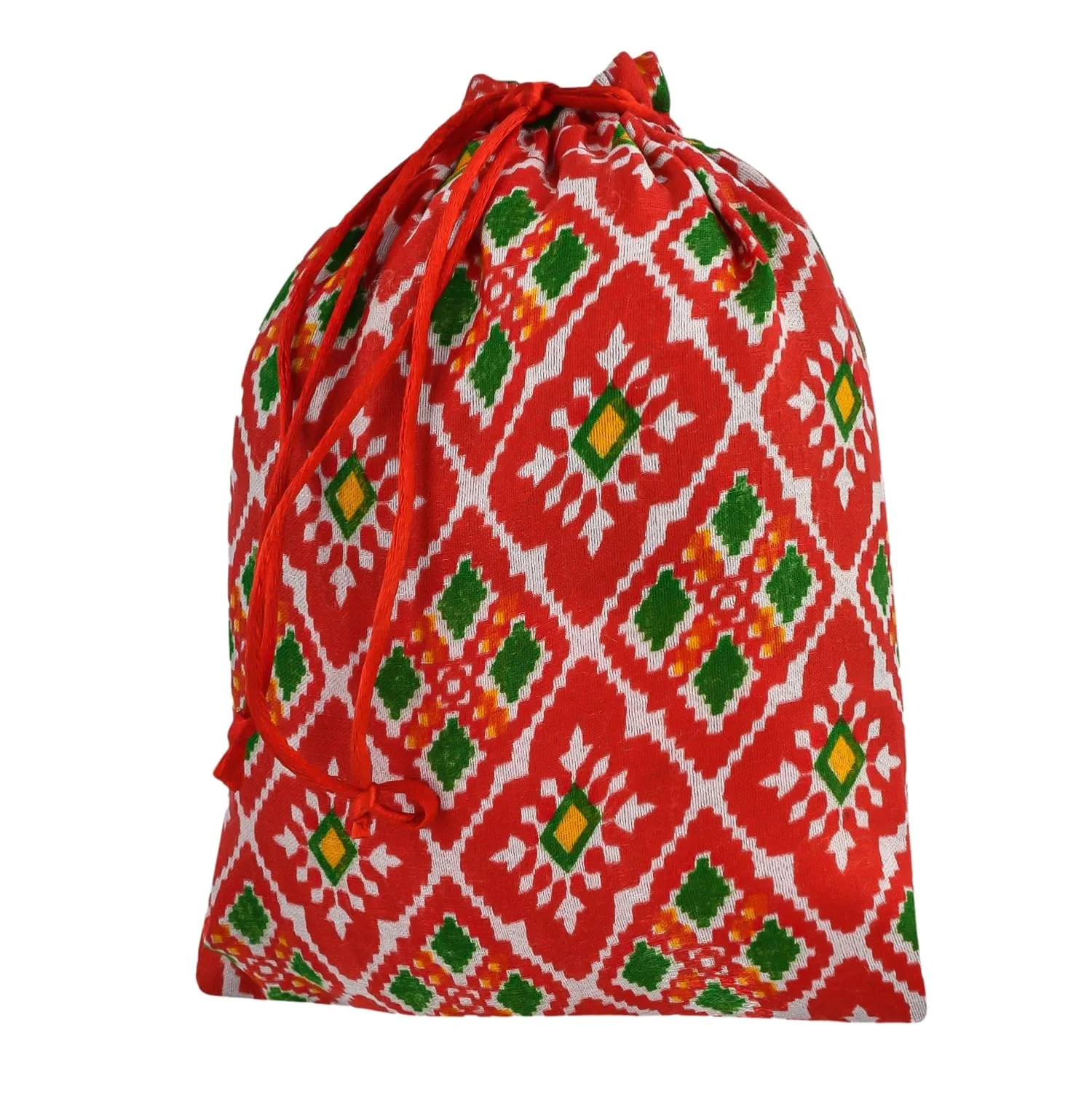 Kuber Industries Potli | Silk Wedding Potli | Drawstring Closure Potli | Wallet Potli | Christmas Gift Potli | Baby Shower Potli | Medium-Patola-Print Potli | 7x9 Inch | Pack of 4 | Red