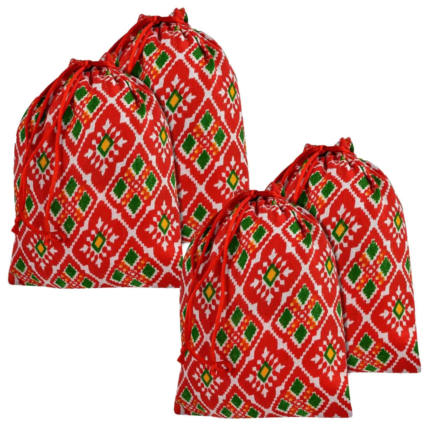 Kuber Industries Potli | Silk Wedding Potli | Drawstring Closure Potli | Wallet Potli | Christmas Gift Potli | Baby Shower Potli | Medium-Patola-Print Potli | 7x9 Inch | Pack of 4 | Red