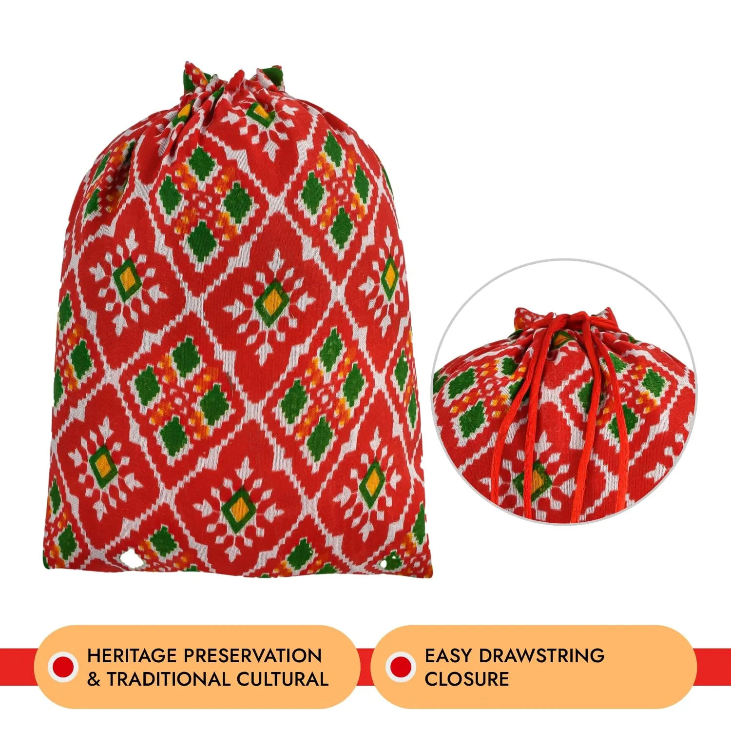 Kuber Industries Potli | Silk Wedding Potli | Drawstring Closure Potli | Wallet Potli | Christmas Gift Potli | Baby Shower Potli | Medium-Patola-Print Potli | 7x9 Inch | Pack of 4 | Red