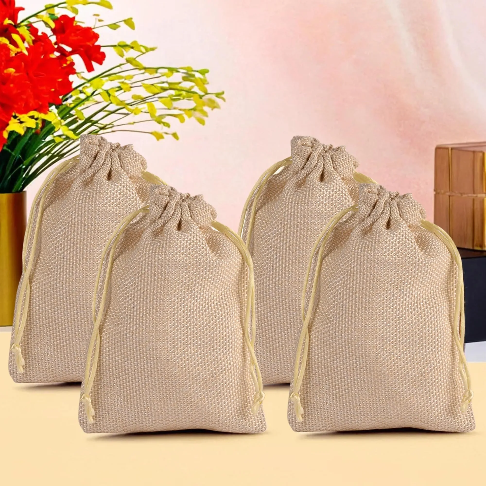 Kuber Industries Potli | Wedding Potli | Drawstring Closure Potli | Wallet Potli | Christmas Gift Potli | Baby Shower Potli | Traditional Shagun Potli | 9x12 Inch | Large | Pack of 4 | Golden