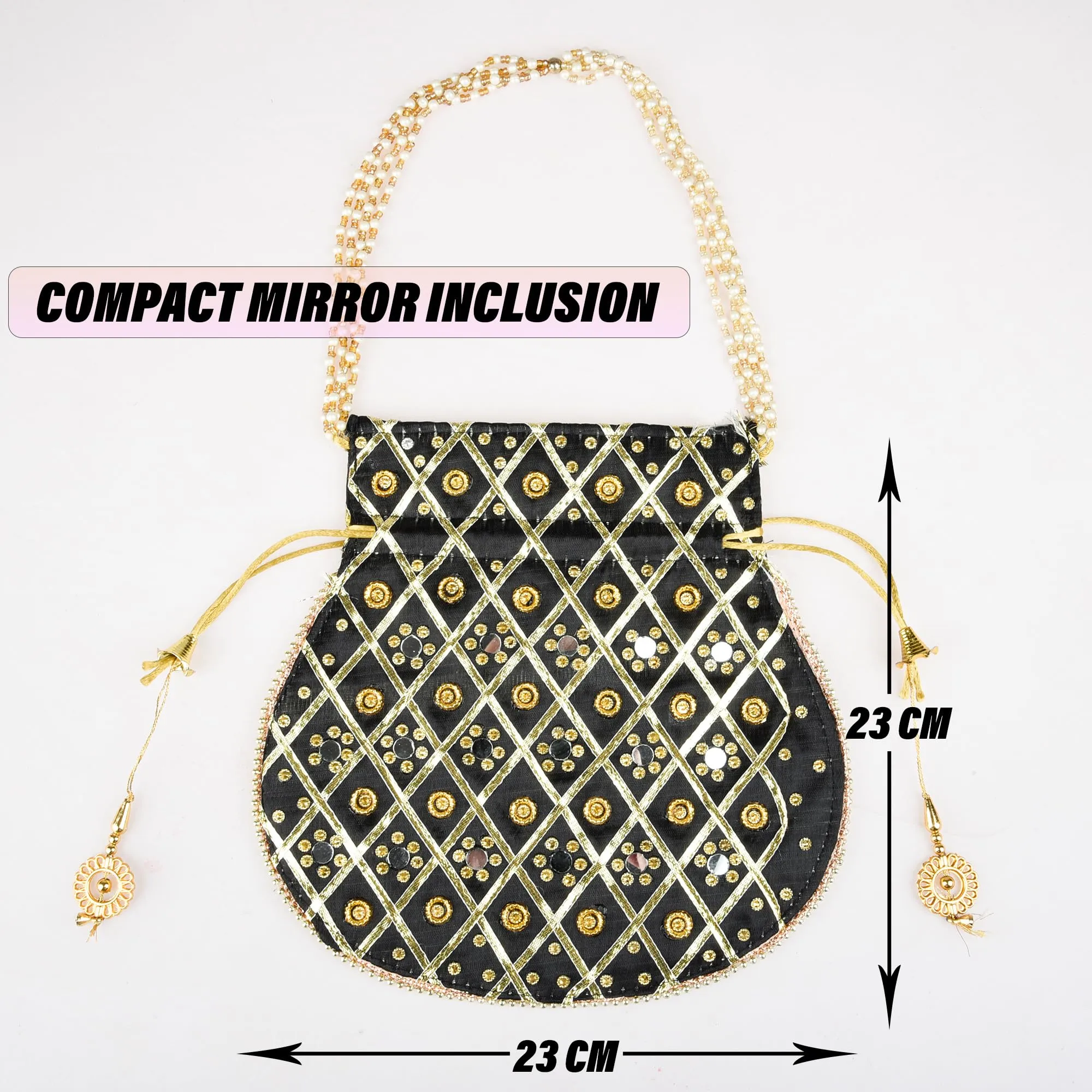 Kuber Industries Potli | Wedding Potli | Drawstring Potli with Handle | Wallet Potli | Christmas Gift Potli | Baby Shower Potli | Mirror Check-Shagun Potli | Black