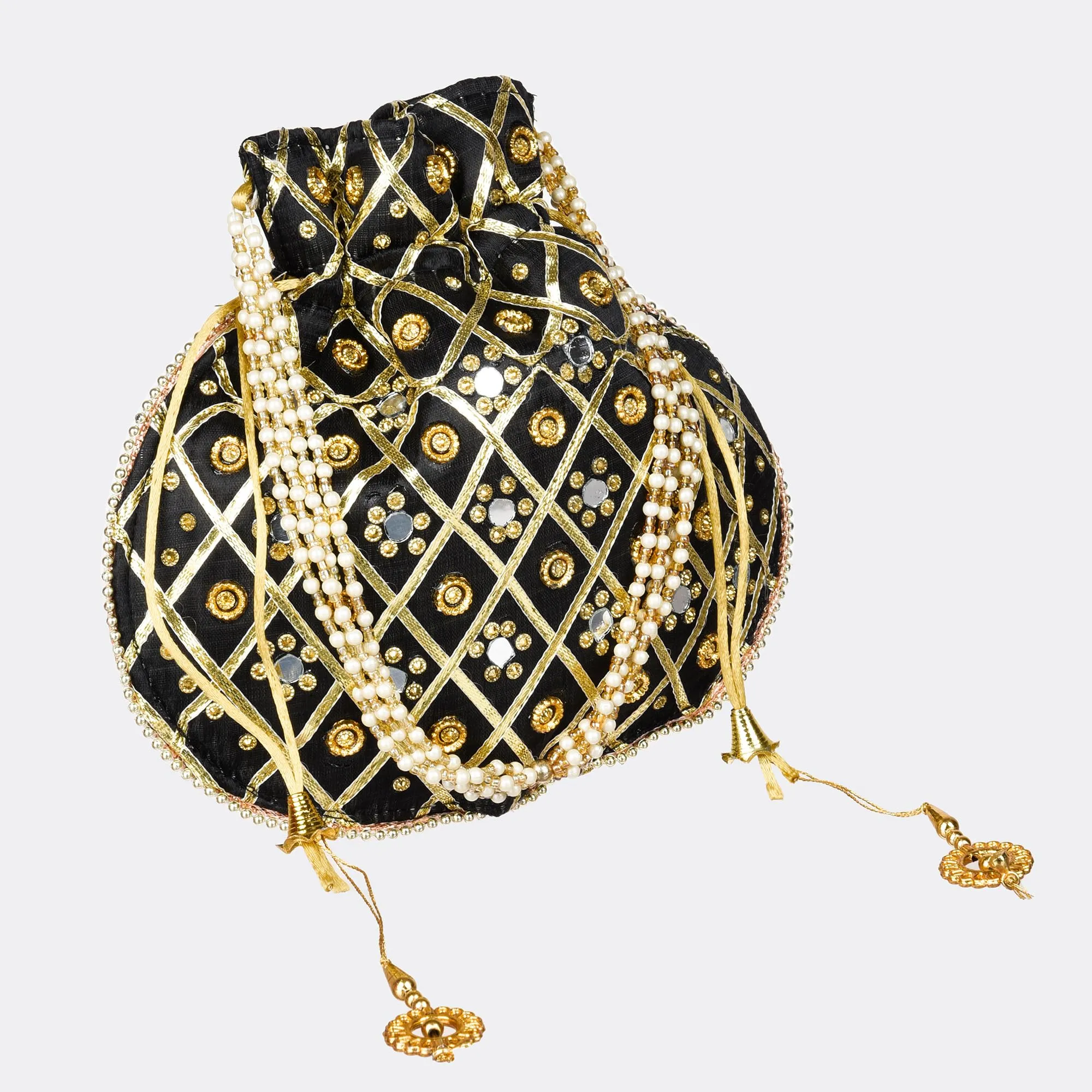 Kuber Industries Potli | Wedding Potli | Drawstring Potli with Handle | Wallet Potli | Christmas Gift Potli | Baby Shower Potli | Mirror Check-Shagun Potli | Black