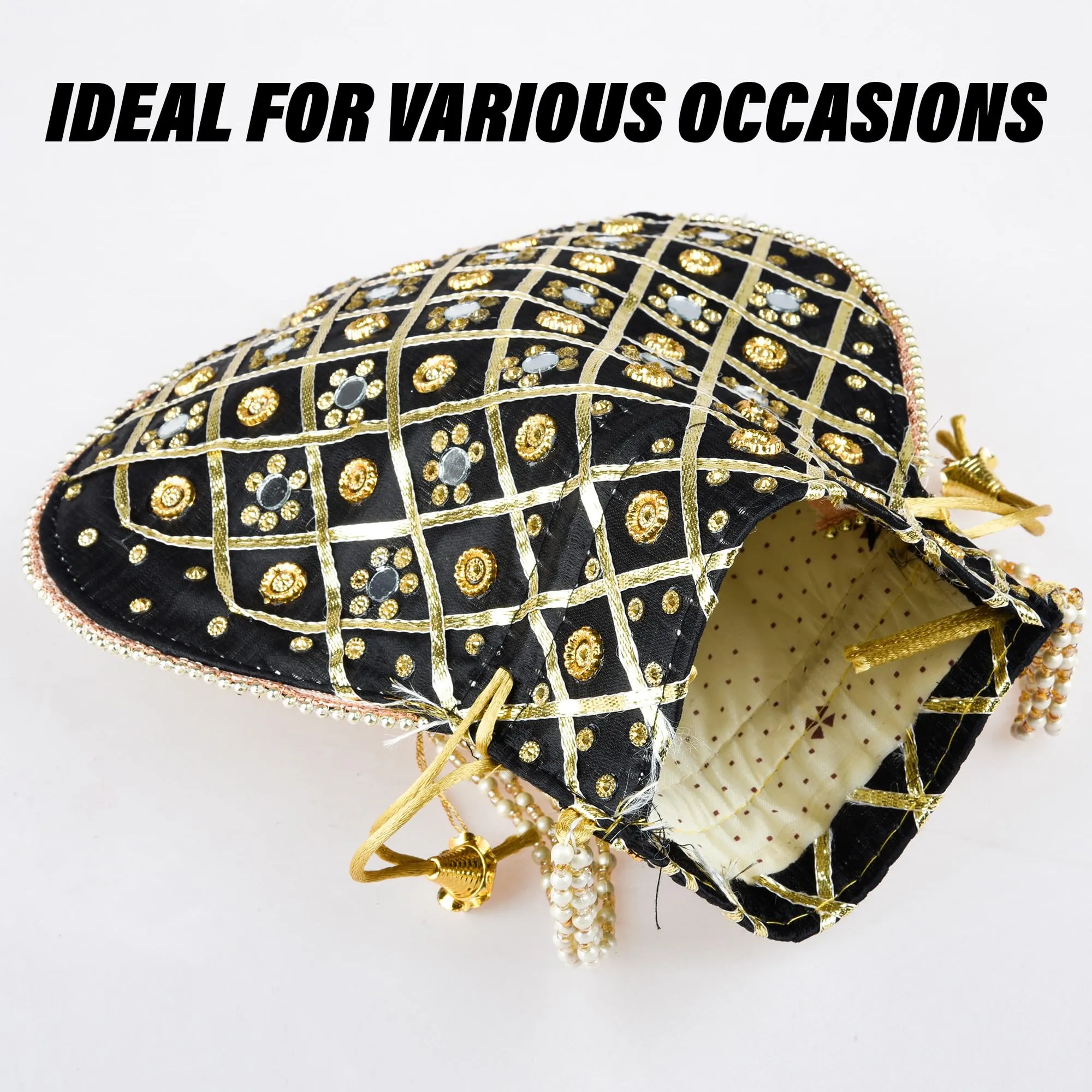 Kuber Industries Potli | Wedding Potli | Drawstring Potli with Handle | Wallet Potli | Christmas Gift Potli | Baby Shower Potli | Mirror Check-Shagun Potli | Black