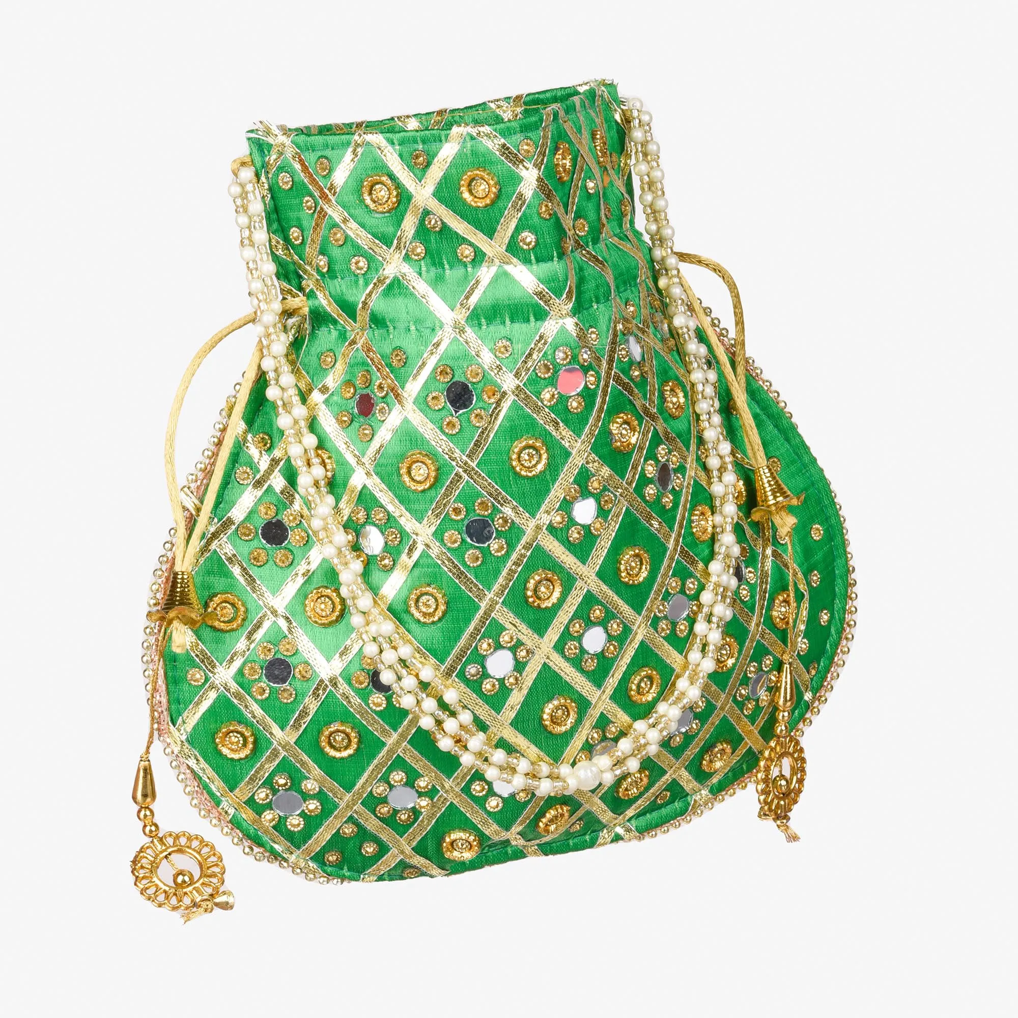 Kuber Industries Potli | Wedding Potli | Drawstring Potli with Handle | Wallet Potli | Christmas Gift Potli | Baby Shower Potli | Mirror Check-Shagun Potli | Green