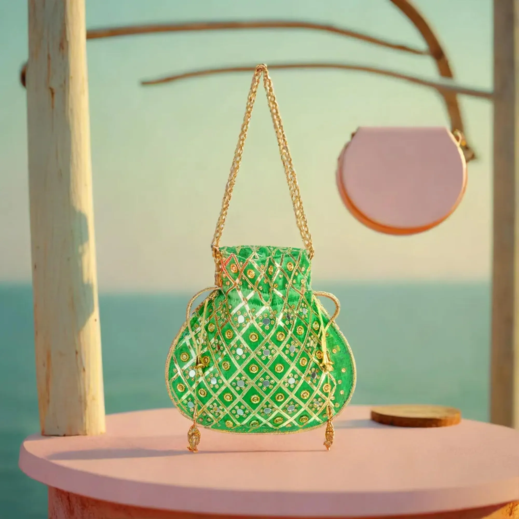 Kuber Industries Potli | Wedding Potli | Drawstring Potli with Handle | Wallet Potli | Christmas Gift Potli | Baby Shower Potli | Mirror Check-Shagun Potli | Green