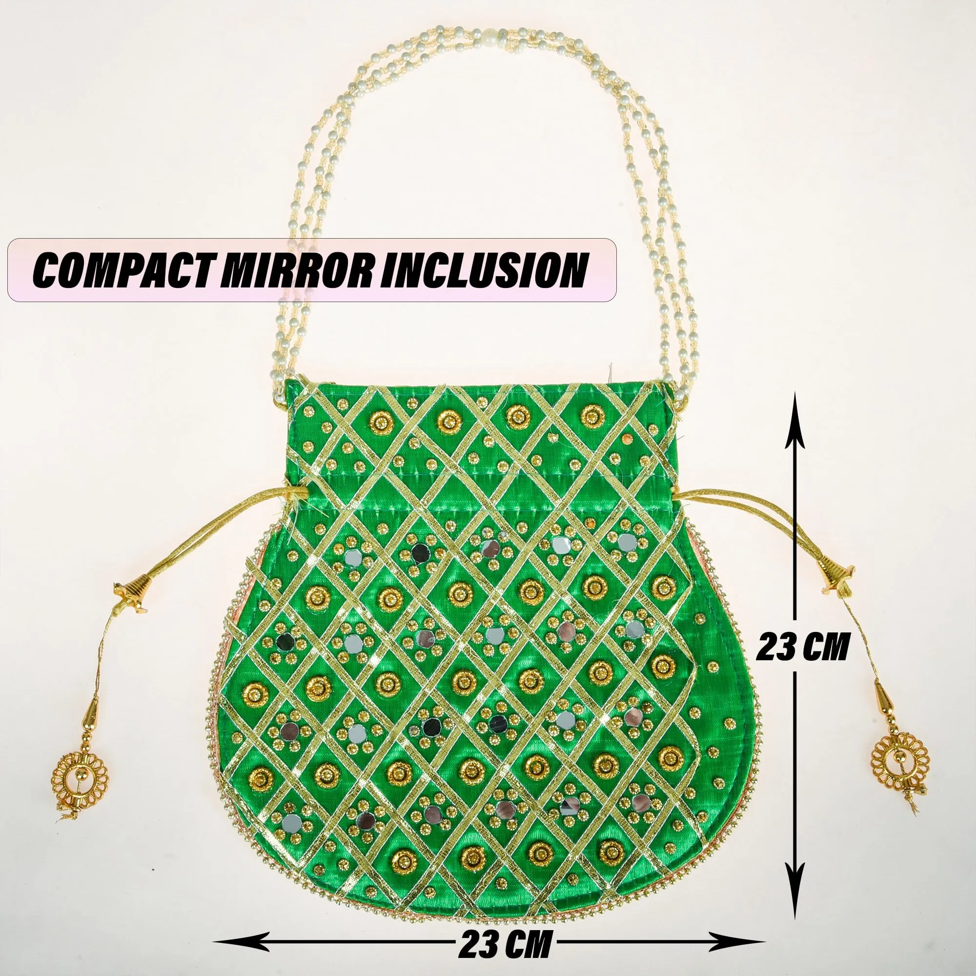 Kuber Industries Potli | Wedding Potli | Drawstring Potli with Handle | Wallet Potli | Christmas Gift Potli | Baby Shower Potli | Mirror Check-Shagun Potli | Green