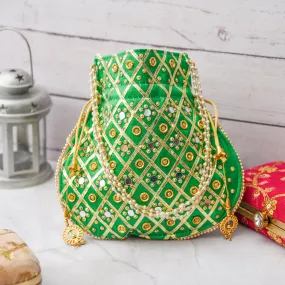 Kuber Industries Potli | Wedding Potli | Drawstring Potli with Handle | Wallet Potli | Christmas Gift Potli | Baby Shower Potli | Mirror Check-Shagun Potli | Green