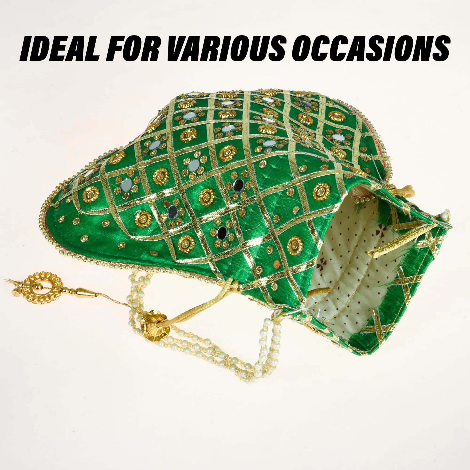 Kuber Industries Potli | Wedding Potli | Drawstring Potli with Handle | Wallet Potli | Christmas Gift Potli | Baby Shower Potli | Mirror Check-Shagun Potli | Green