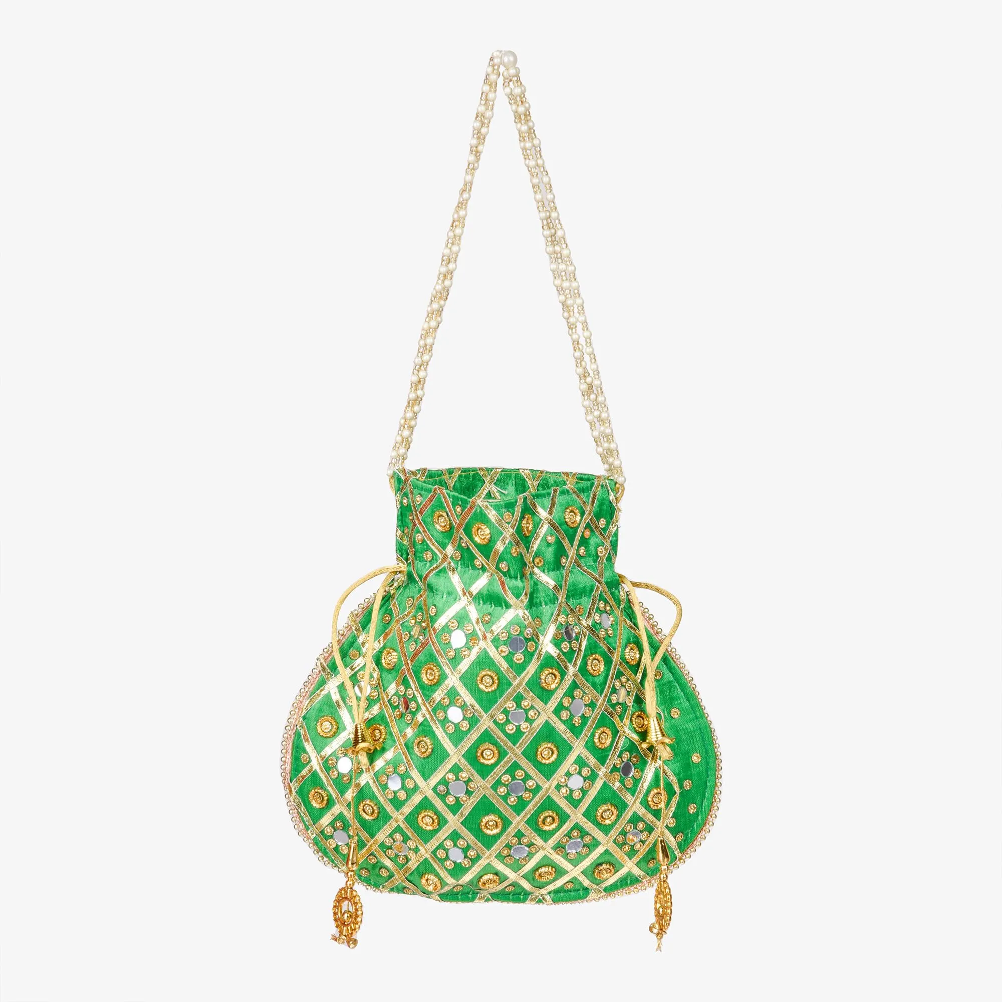 Kuber Industries Potli | Wedding Potli | Drawstring Potli with Handle | Wallet Potli | Christmas Gift Potli | Baby Shower Potli | Mirror Check-Shagun Potli | Green