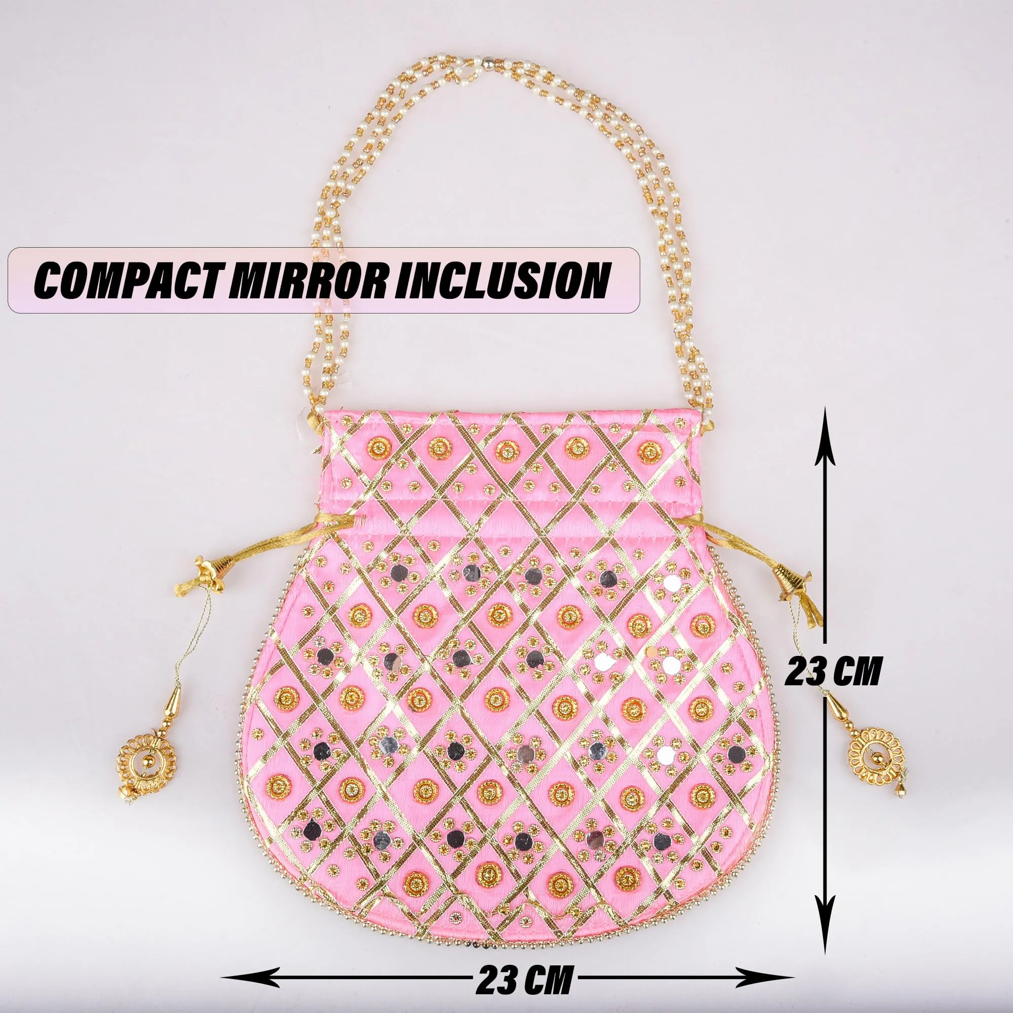 Kuber Industries Potli | Wedding Potli | Drawstring Potli with Handle | Wallet Potli | Christmas Gift Potli | Baby Shower Potli | Mirror Check-Shagun Potli | Pink