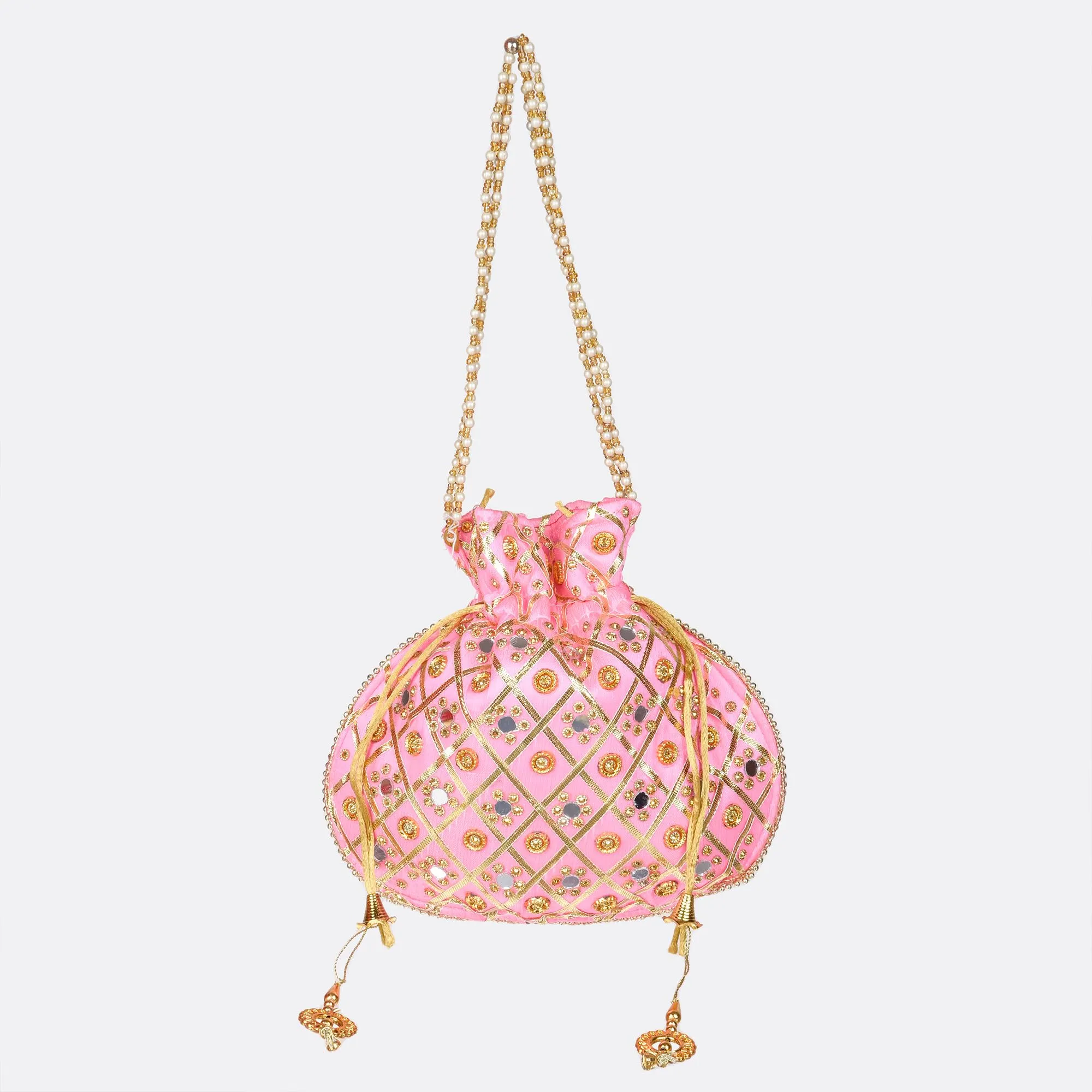Kuber Industries Potli | Wedding Potli | Drawstring Potli with Handle | Wallet Potli | Christmas Gift Potli | Baby Shower Potli | Mirror Check-Shagun Potli | Pink