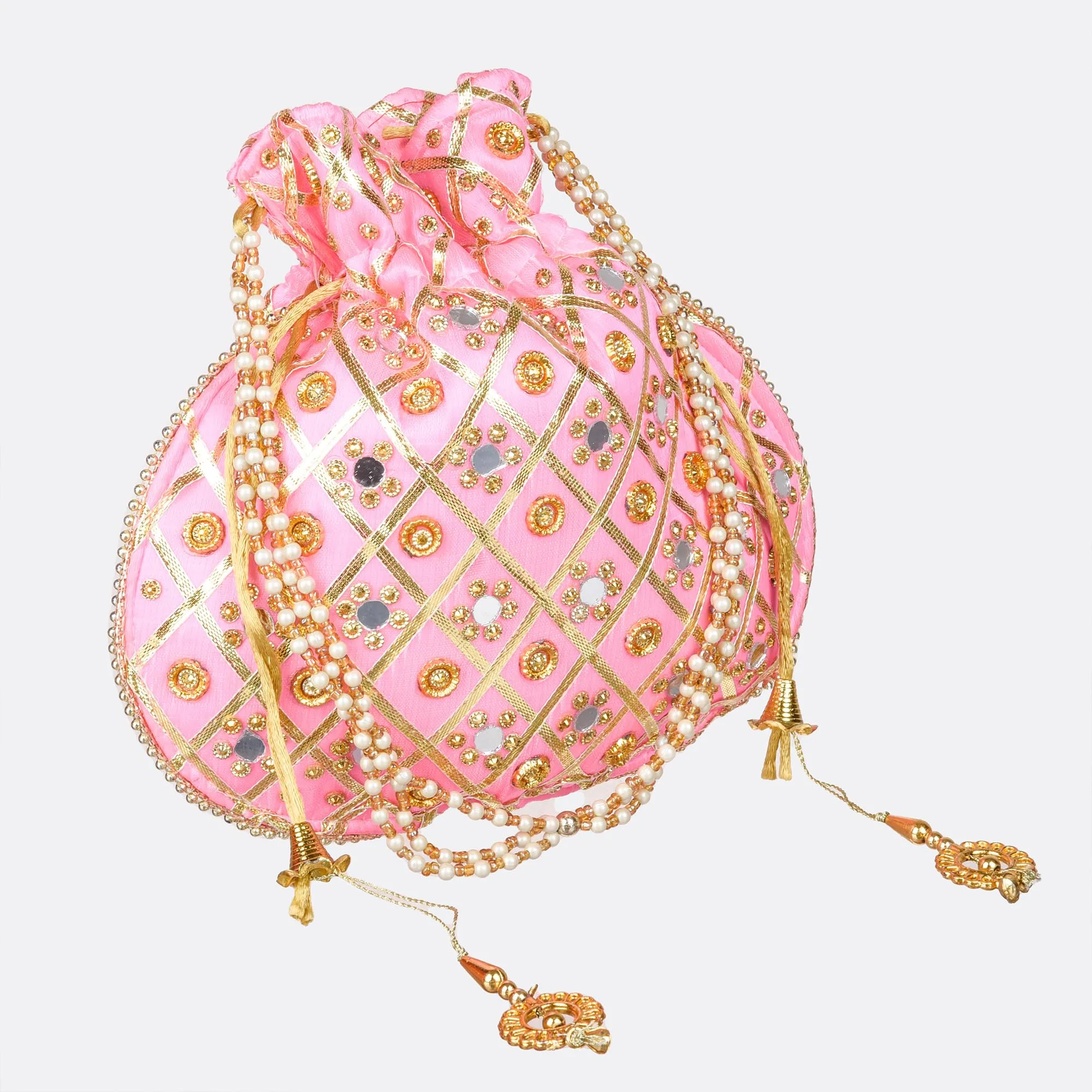 Kuber Industries Potli | Wedding Potli | Drawstring Potli with Handle | Wallet Potli | Christmas Gift Potli | Baby Shower Potli | Mirror Check-Shagun Potli | Pink