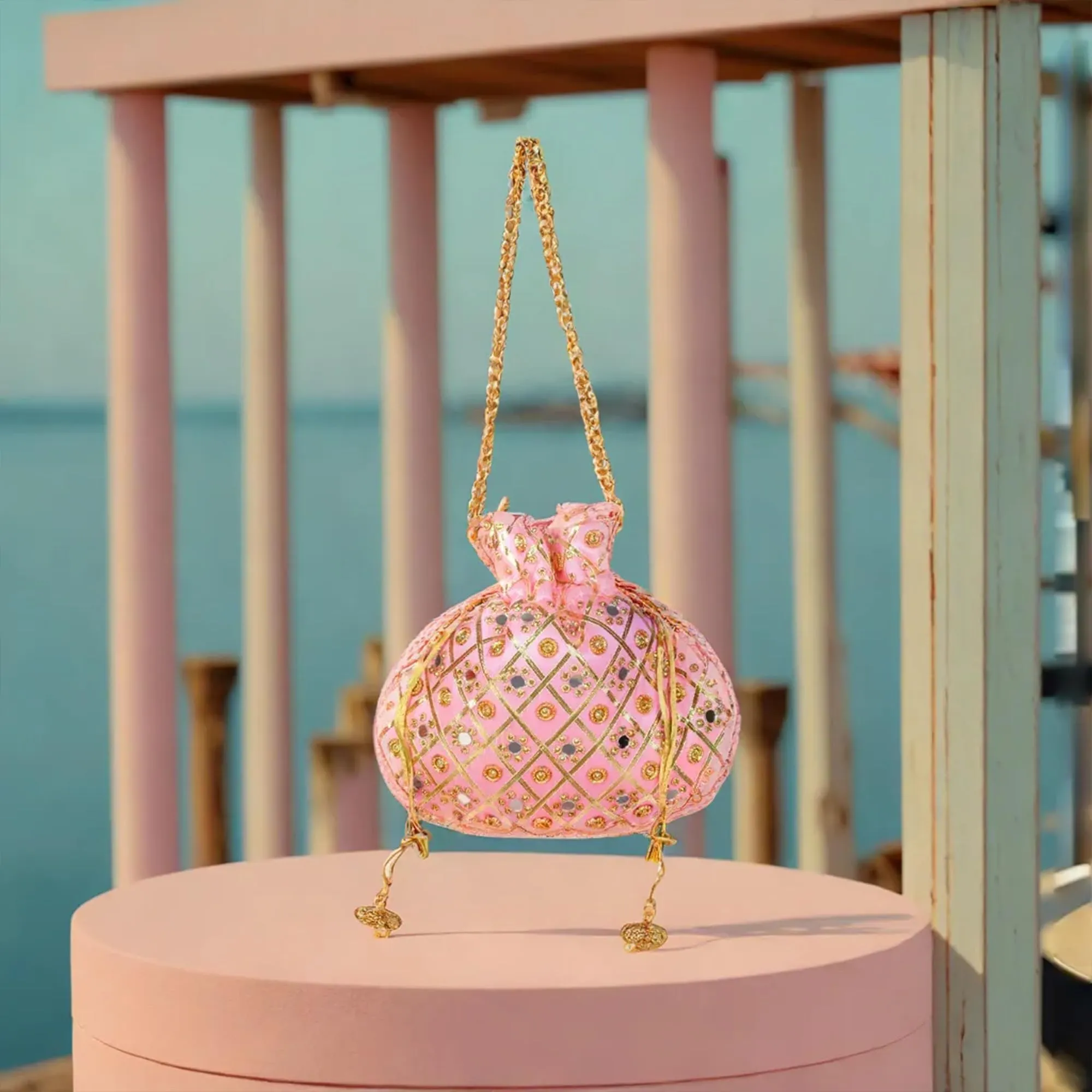 Kuber Industries Potli | Wedding Potli | Drawstring Potli with Handle | Wallet Potli | Christmas Gift Potli | Baby Shower Potli | Mirror Check-Shagun Potli | Pink