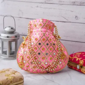Kuber Industries Potli | Wedding Potli | Drawstring Potli with Handle | Wallet Potli | Christmas Gift Potli | Baby Shower Potli | Mirror Check-Shagun Potli | Pink