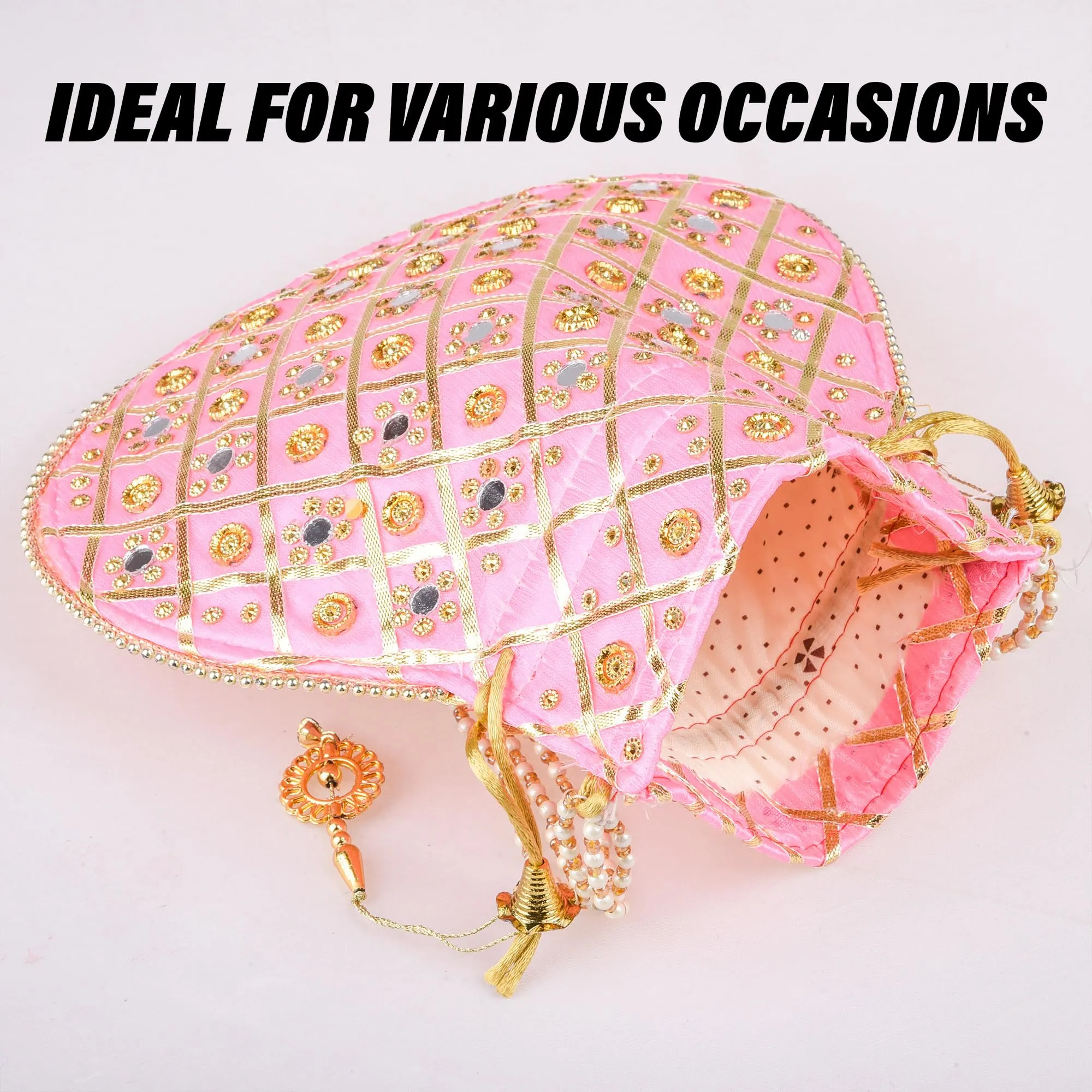 Kuber Industries Potli | Wedding Potli | Drawstring Potli with Handle | Wallet Potli | Christmas Gift Potli | Baby Shower Potli | Mirror Check-Shagun Potli | Pink