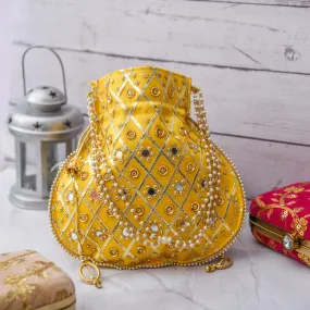 Kuber Industries Potli | Wedding Potli | Drawstring Potli with Handle | Wallet Potli | Christmas Gift Potli | Baby Shower Potli | Mirror Check-Shagun Potli | Yellow