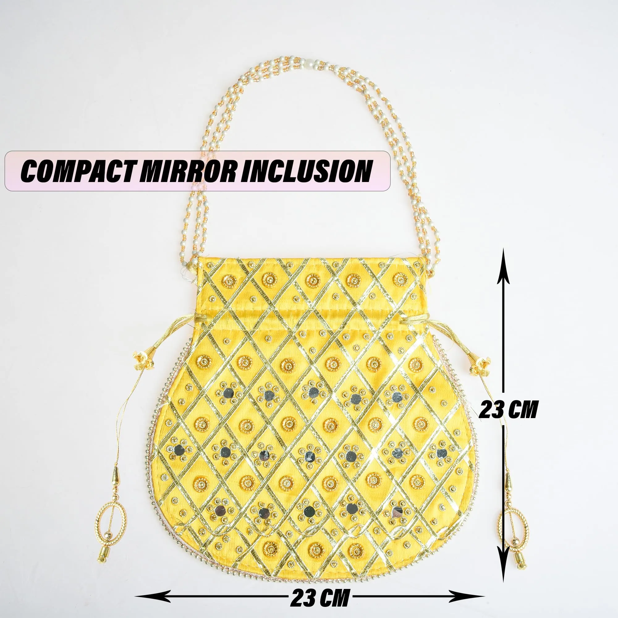 Kuber Industries Potli | Wedding Potli | Drawstring Potli with Handle | Wallet Potli | Christmas Gift Potli | Baby Shower Potli | Mirror Check-Shagun Potli | Yellow