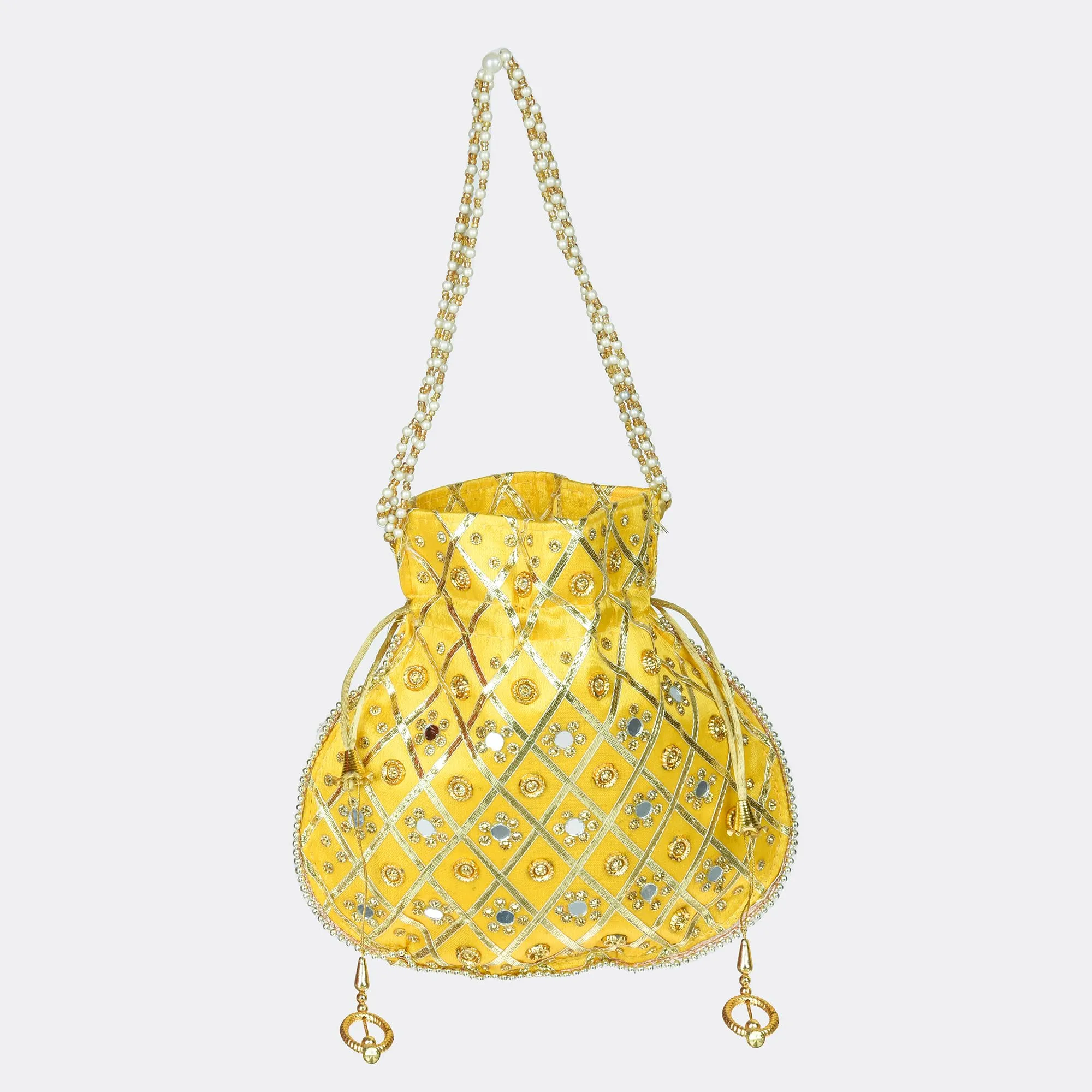 Kuber Industries Potli | Wedding Potli | Drawstring Potli with Handle | Wallet Potli | Christmas Gift Potli | Baby Shower Potli | Mirror Check-Shagun Potli | Yellow