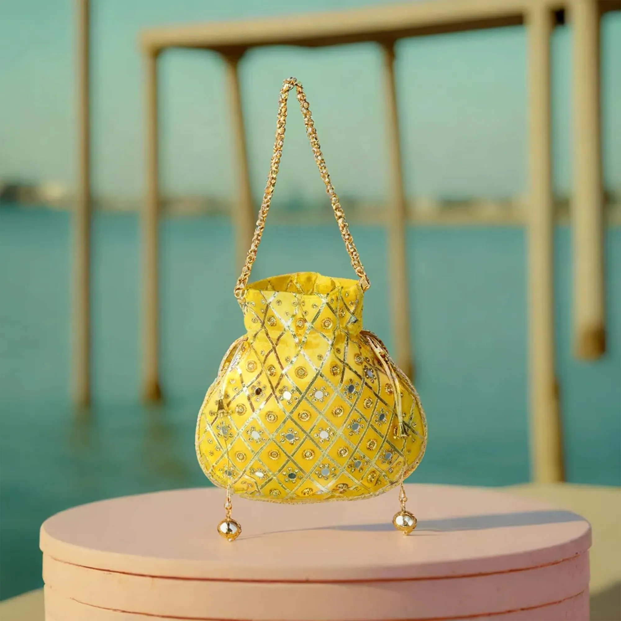 Kuber Industries Potli | Wedding Potli | Drawstring Potli with Handle | Wallet Potli | Christmas Gift Potli | Baby Shower Potli | Mirror Check-Shagun Potli | Yellow