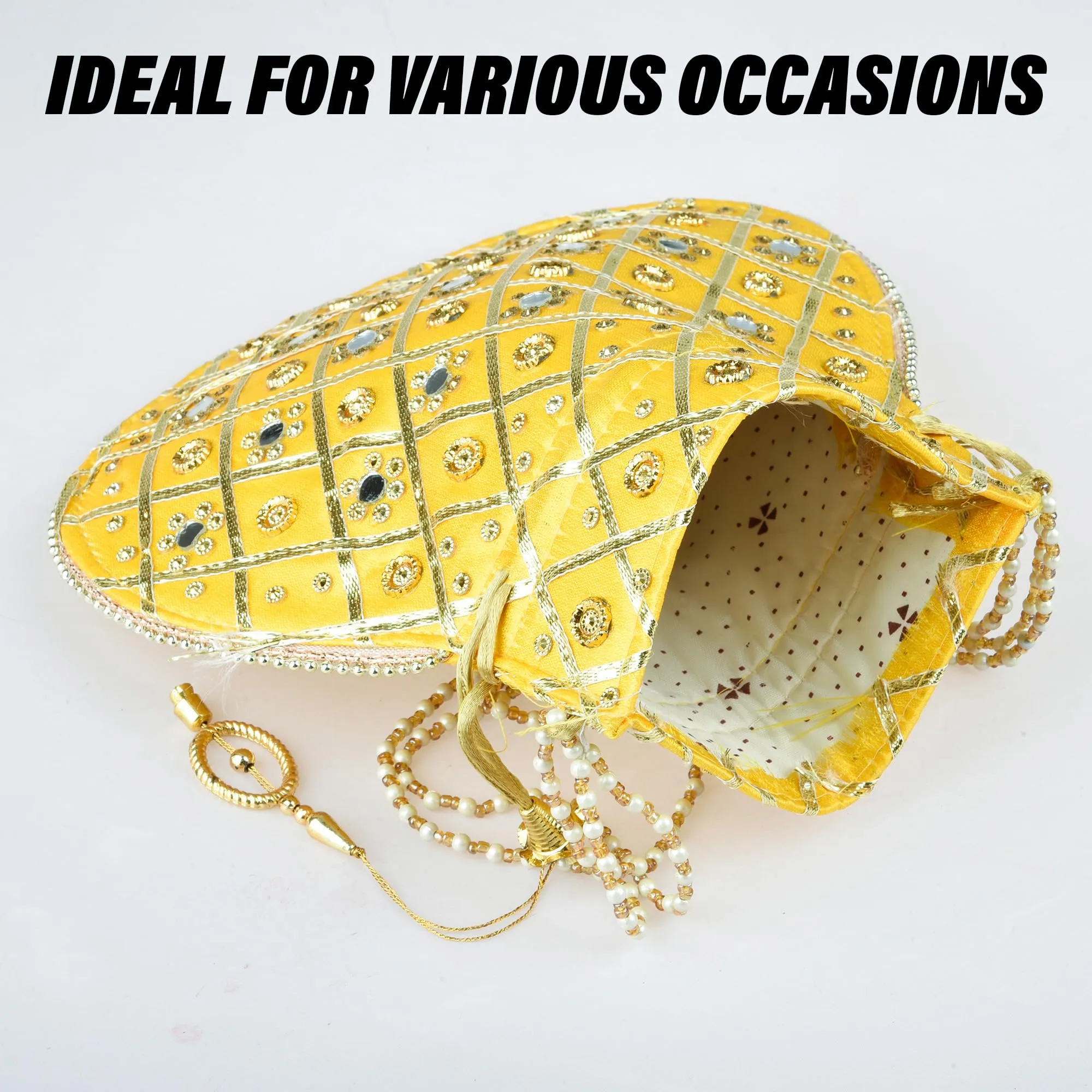 Kuber Industries Potli | Wedding Potli | Drawstring Potli with Handle | Wallet Potli | Christmas Gift Potli | Baby Shower Potli | Mirror Check-Shagun Potli | Yellow