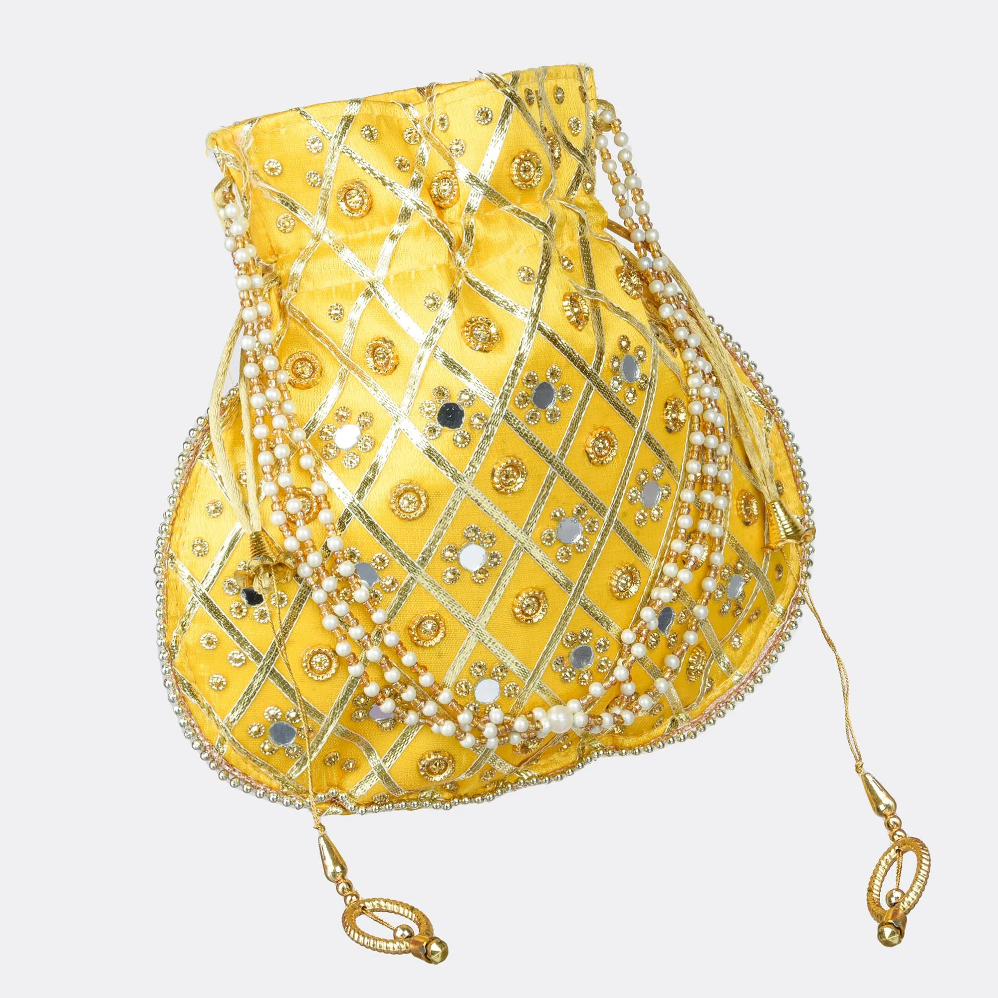 Kuber Industries Potli | Wedding Potli | Drawstring Potli with Handle | Wallet Potli | Christmas Gift Potli | Baby Shower Potli | Mirror Check-Shagun Potli | Yellow