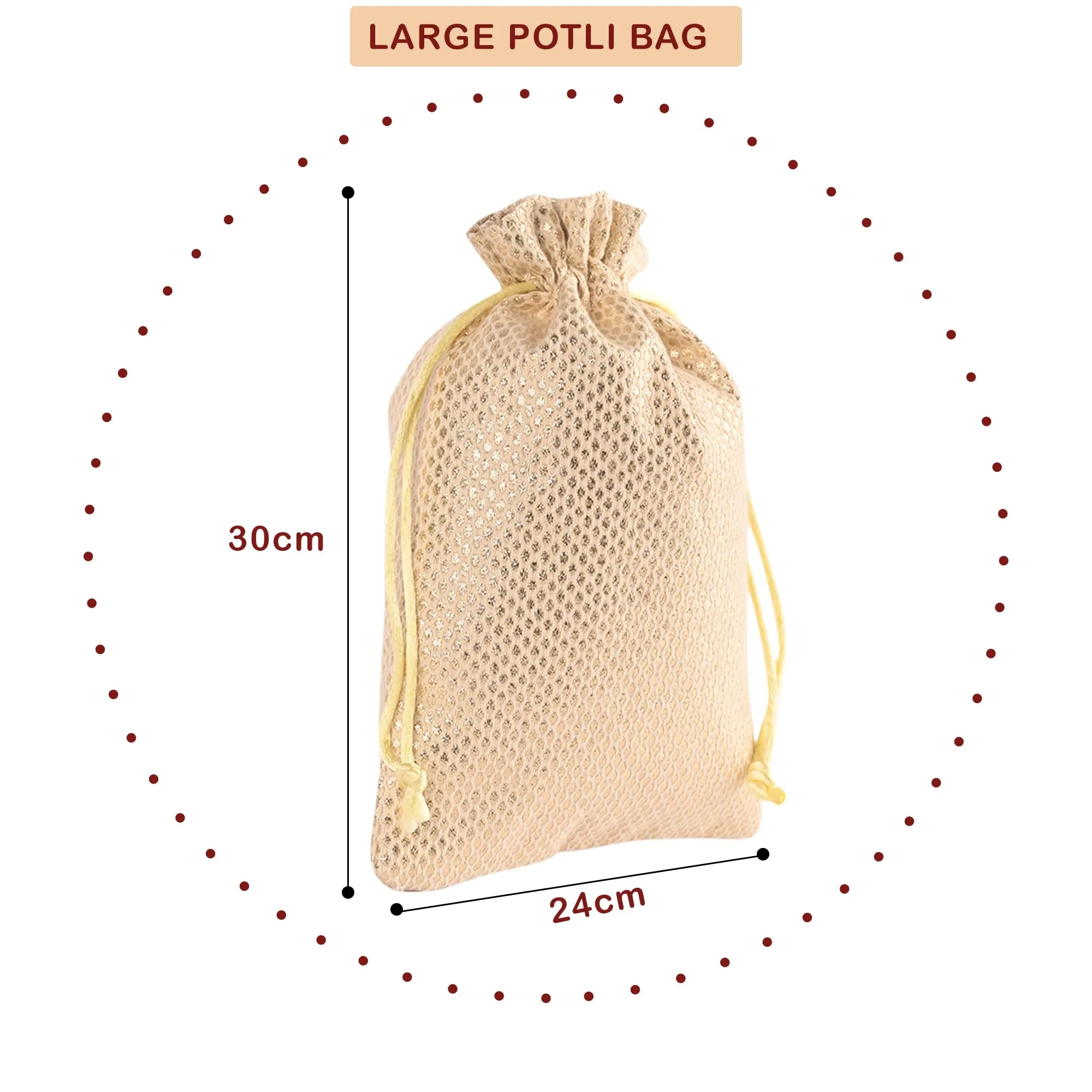 Kuber Industries Potli | Zari Wedding Potli | Drawstring Closure Potli | Wallet Potli | Christmas Gift Potli | Baby Shower Potli | Traditional Shagun Potli | 9x12 Inch | Large | Pack of 4 | Golden
