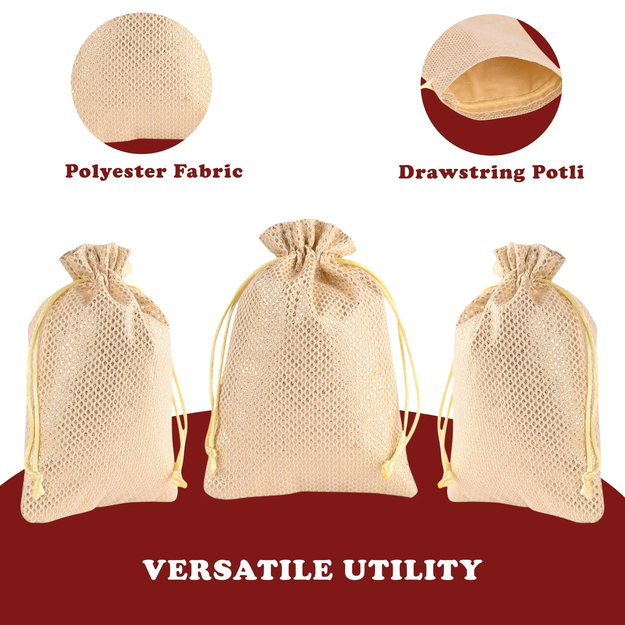 Kuber Industries Potli | Zari Wedding Potli | Drawstring Closure Potli | Wallet Potli | Christmas Gift Potli | Baby Shower Potli | Traditional Shagun Potli | 9x12 Inch | Large | Pack of 4 | Golden