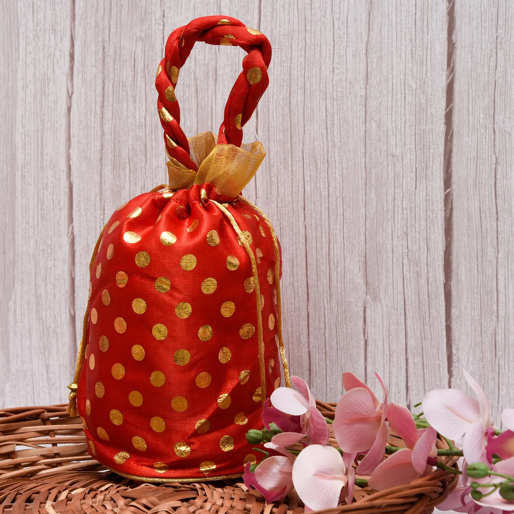 Kuber Industries Potli|Round Wedding Potli|Silk Drawstring Potli|Wallet Potli with Handle|Christmas Gift Potli|Baby Shower Potli|Traditional Shagun Potli|Golden Dot-Potli|Pack of 8|Red