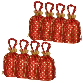 Kuber Industries Potli|Round Wedding Potli|Silk Drawstring Potli|Wallet Potli with Handle|Christmas Gift Potli|Baby Shower Potli|Traditional Shagun Potli|Golden Dot-Potli|Pack of 8|Red