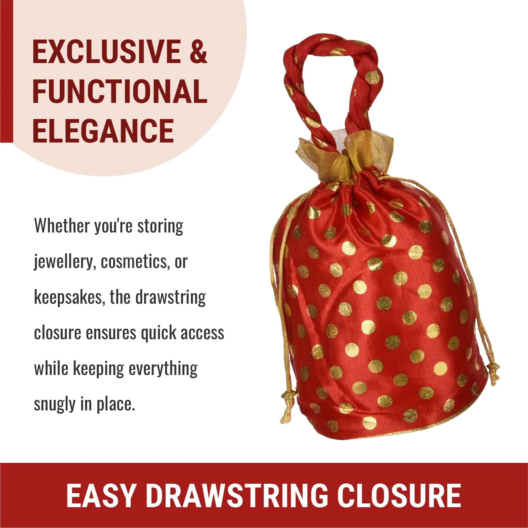 Kuber Industries Potli|Round Wedding Potli|Silk Drawstring Potli|Wallet Potli with Handle|Christmas Gift Potli|Baby Shower Potli|Traditional Shagun Potli|Golden Dot-Potli|Pack of 8|Red
