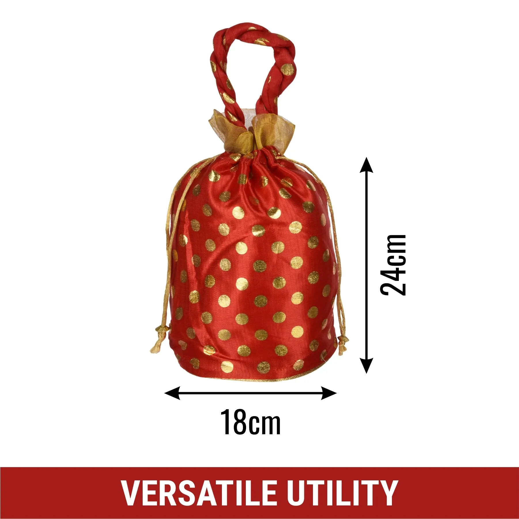 Kuber Industries Potli|Round Wedding Potli|Silk Drawstring Potli|Wallet Potli with Handle|Christmas Gift Potli|Baby Shower Potli|Traditional Shagun Potli|Golden Dot-Potli|Pack of 8|Red