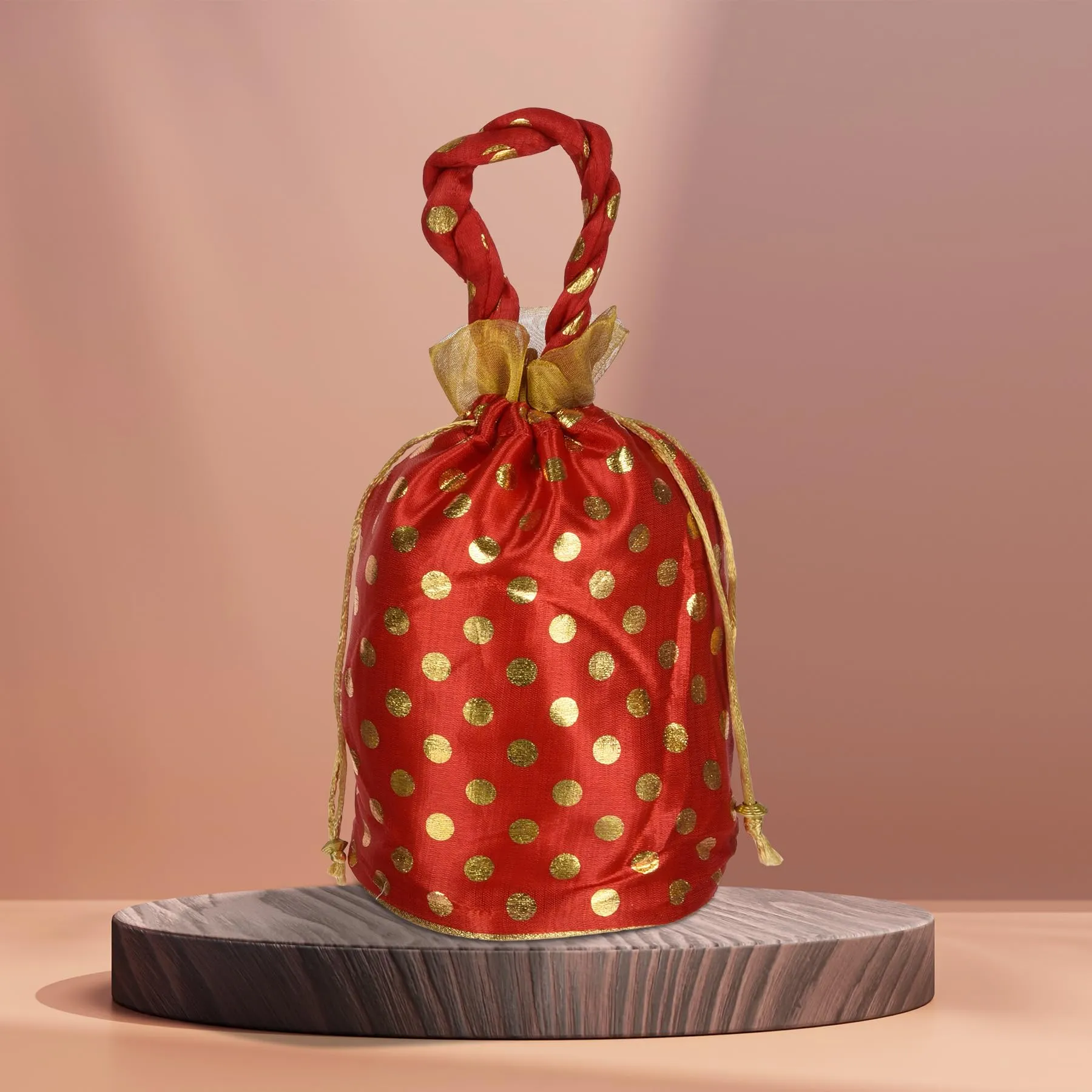 Kuber Industries Potli|Round Wedding Potli|Silk Drawstring Potli|Wallet Potli with Handle|Christmas Gift Potli|Baby Shower Potli|Traditional Shagun Potli|Golden Dot-Potli|Pack of 8|Red