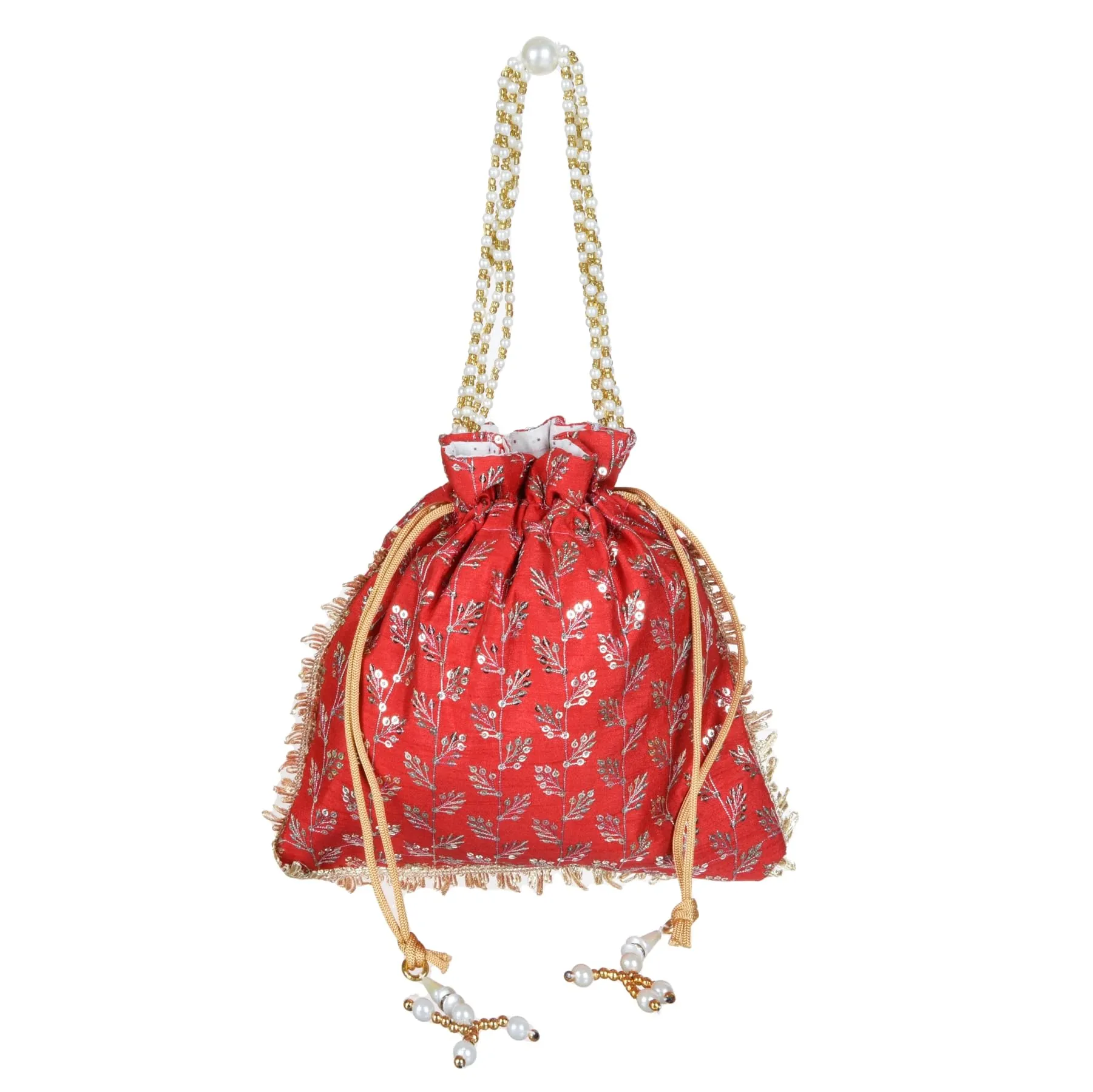 Kuber Industries Potli|Silk Wedding Potli|Drawstring Closure Potli|Wallet Potli|Christmas Gift Potli|Baby Shower Potli|Traditional Shagun Potli|Square Embroidery Potli|Red