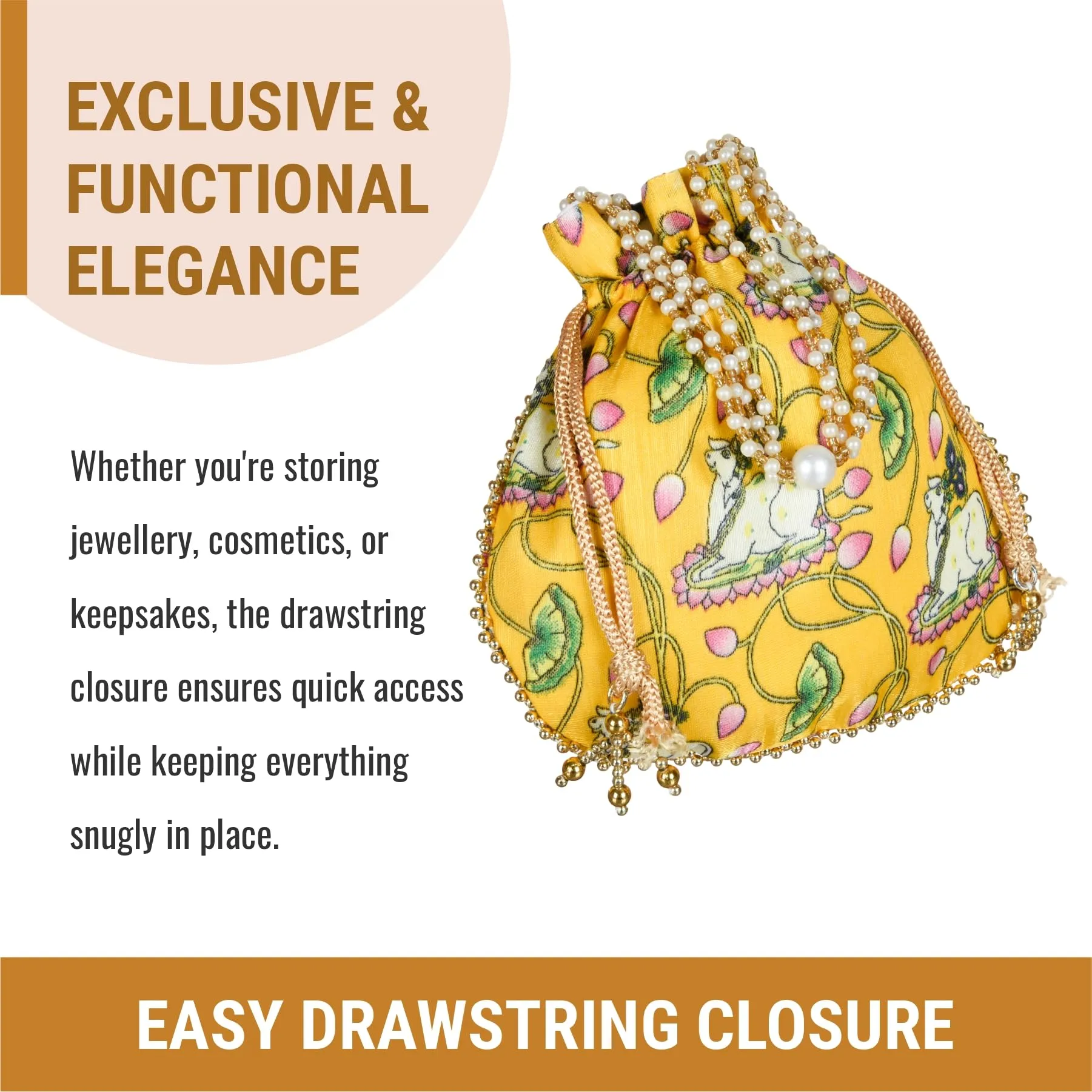 Kuber Industries Potli|Silk Wedding Potli|Wallet Potli|Christmas Gift Potli|Baby Shower Potli|Traditional Shagun Potli|Drawstring with Beads Handle Potli|Cow-Design Patli Potli|Pack of 3|Yellow