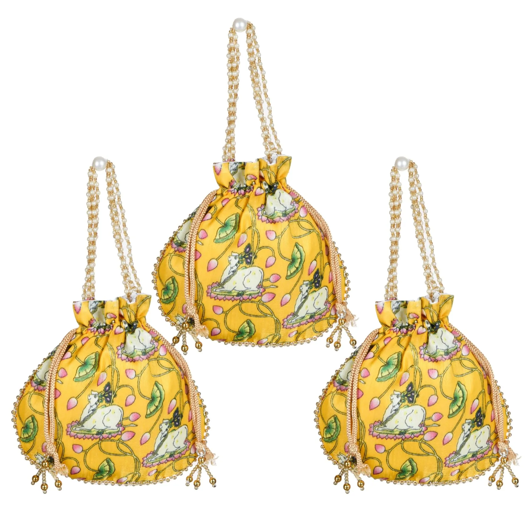 Kuber Industries Potli|Silk Wedding Potli|Wallet Potli|Christmas Gift Potli|Baby Shower Potli|Traditional Shagun Potli|Drawstring with Beads Handle Potli|Cow-Design Patli Potli|Pack of 3|Yellow