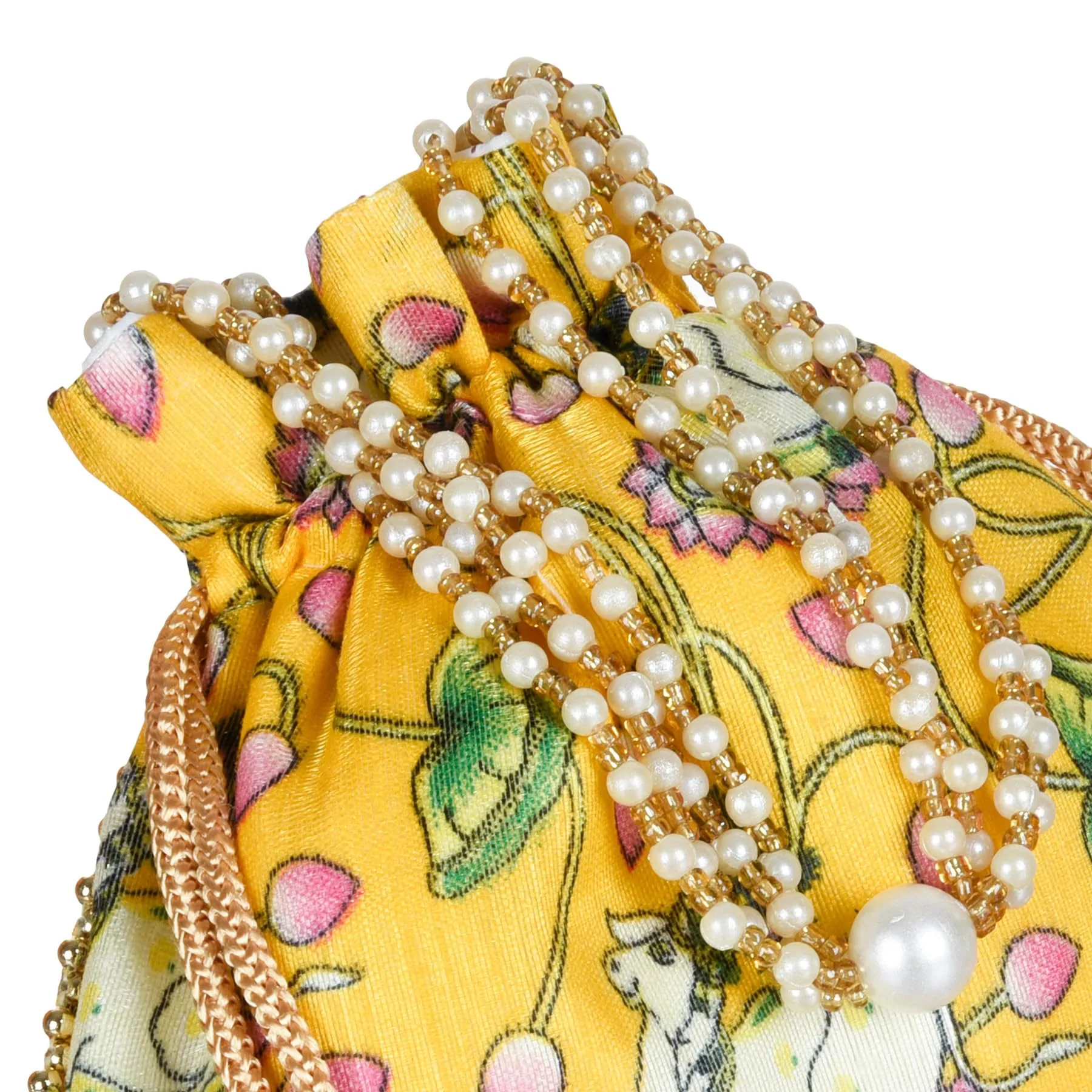 Kuber Industries Potli|Silk Wedding Potli|Wallet Potli|Christmas Gift Potli|Baby Shower Potli|Traditional Shagun Potli|Drawstring with Beads Handle Potli|Cow-Design Patli Potli|Pack of 3|Yellow