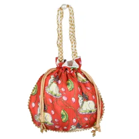 Kuber Industries Potli|Silk Wedding Potli|Wallet Potli|Christmas Gift Potli|Baby Shower Potli|Traditional Shagun Potli|Drawstring with Beads Handle Potli|Cow-Design Patli Potli|Red