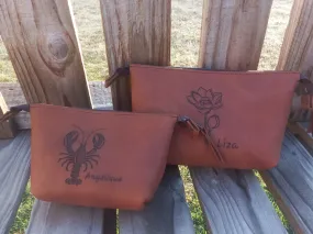Leather makeup bag with engraving