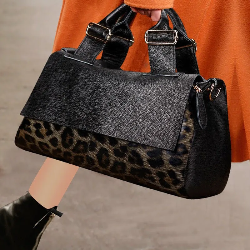 Leopard Luxe Designer Leather Boston Shoulder Bag