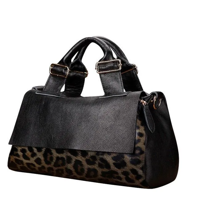Leopard Luxe Designer Leather Boston Shoulder Bag
