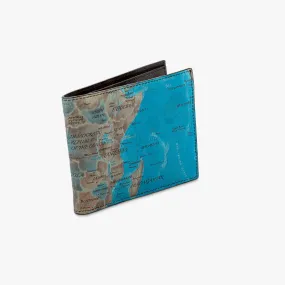 Mappa Mundi bifold wallet in blue and brown leather