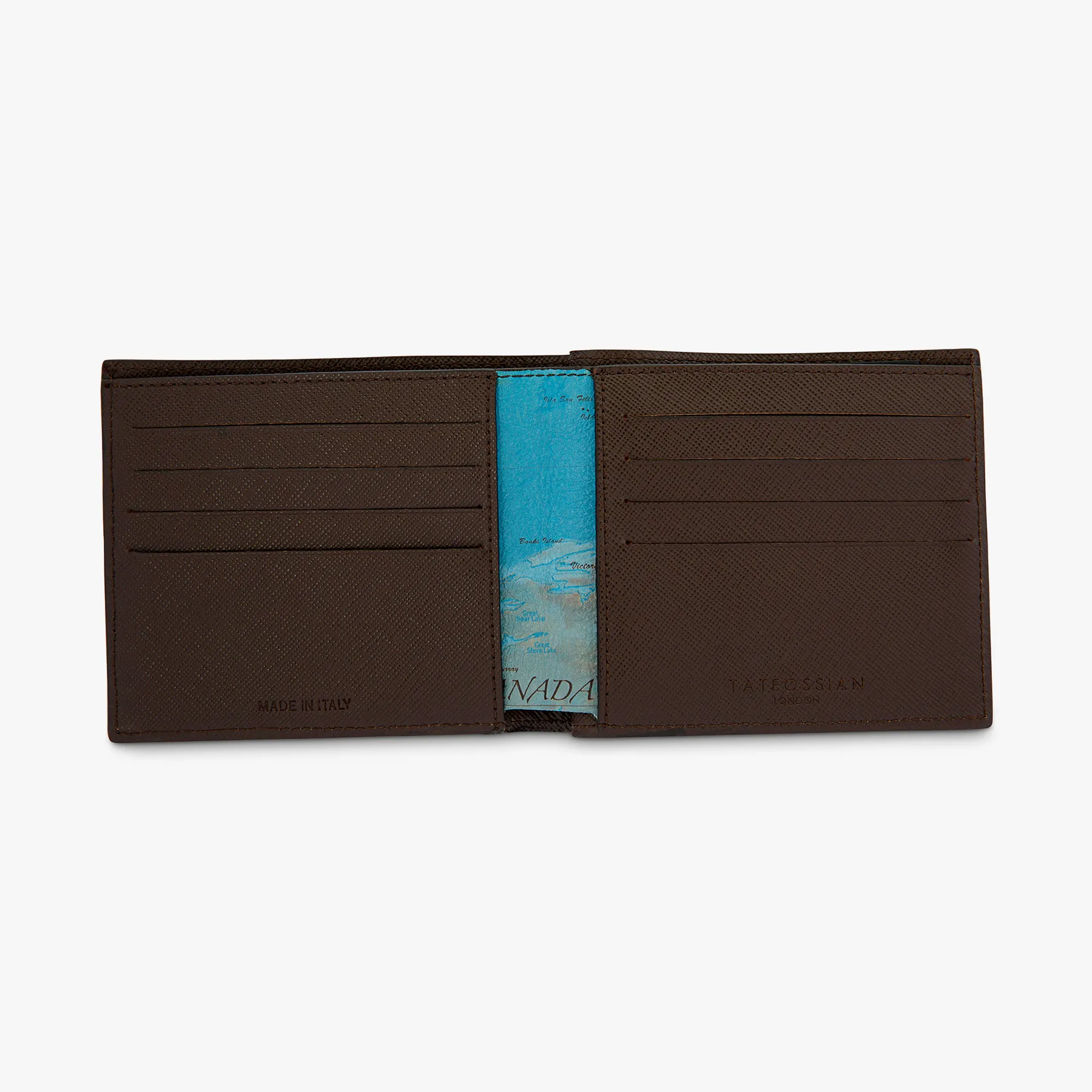 Mappa Mundi bifold wallet in blue and brown leather