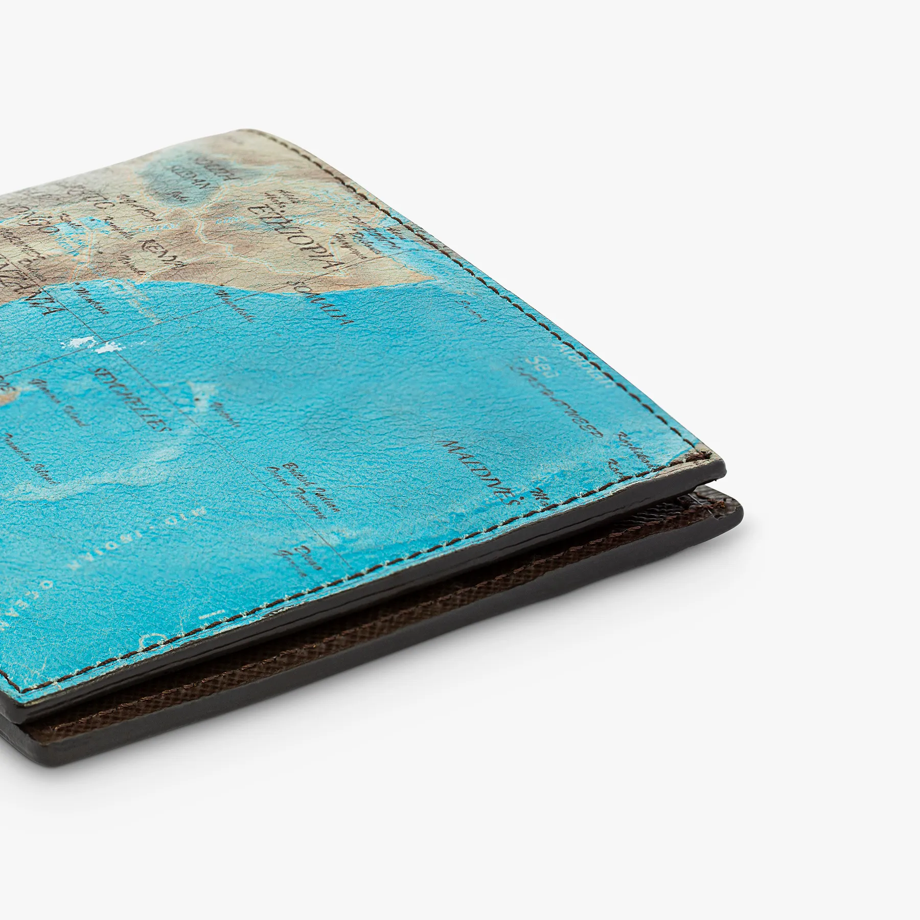 Mappa Mundi bifold wallet in blue and brown leather