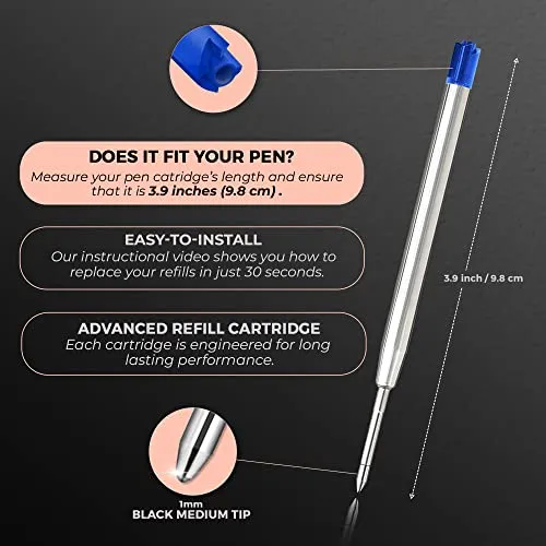 Mesmos 6 Pack 3.9 Inch (9.8cm) Pen Refills Ballpoint Blue Ink